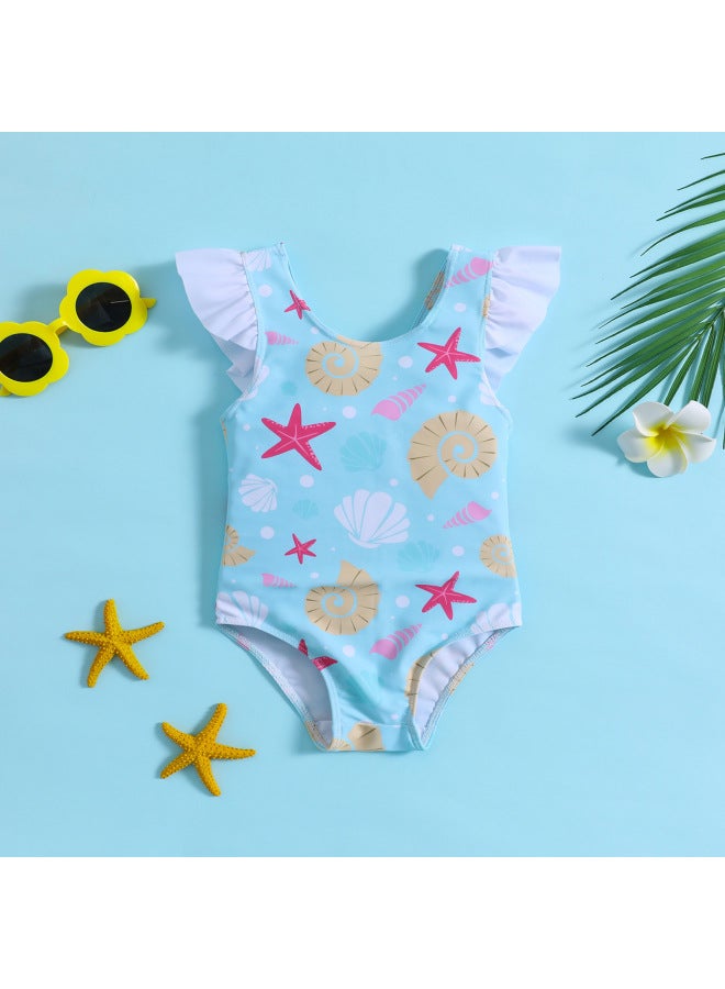 Loquat For Children And Baby Girls Starfish Shell Printing Conjoined Lotus Leaf Bow Swimsuit-Color:Multicolor-  - Image 2
