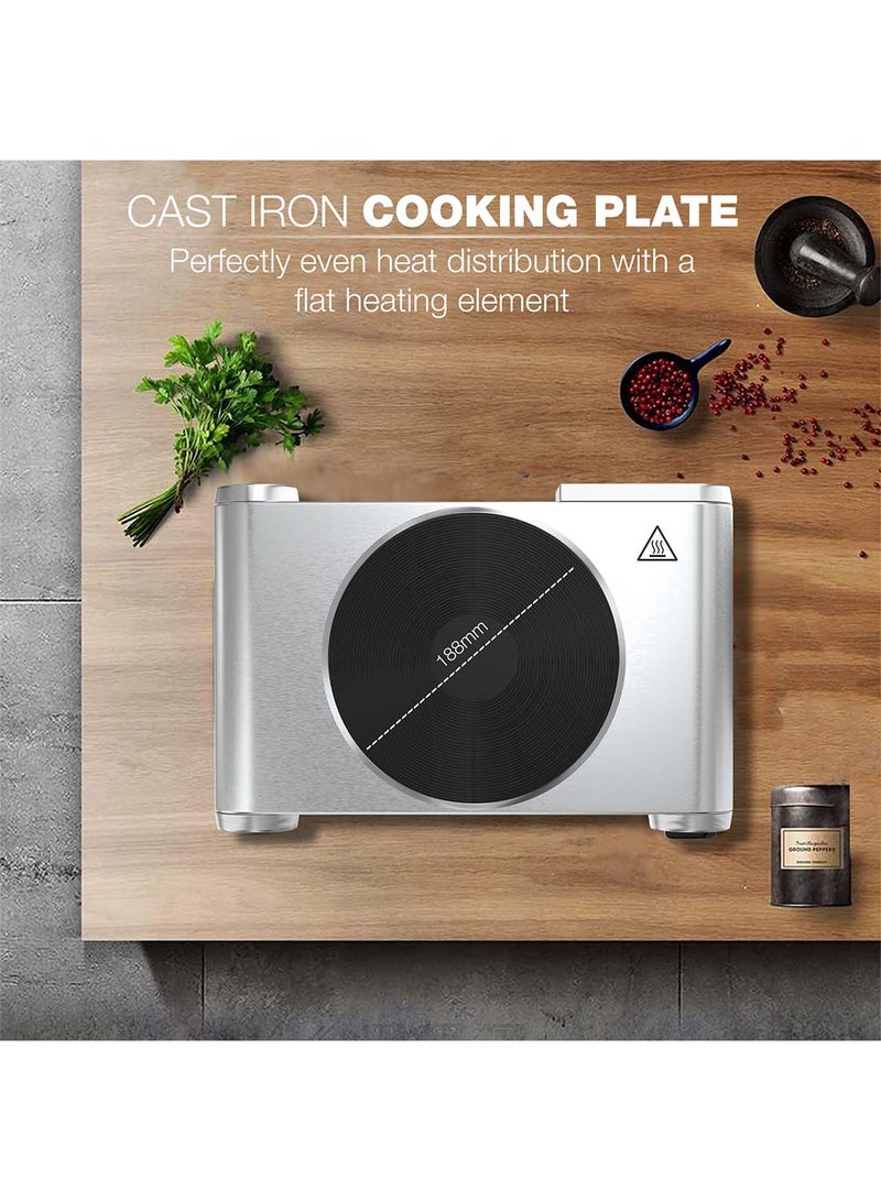 NIKAI Single Hot Plate - 1 Power, Adjustable Thermostat, Overheat Protection, Die Cast Iron Hotplates, Power Indicator Light, Stainless Steel Body, Easy Control Knob 1500 W NKTOE4N2 Silver/Black - Image 5