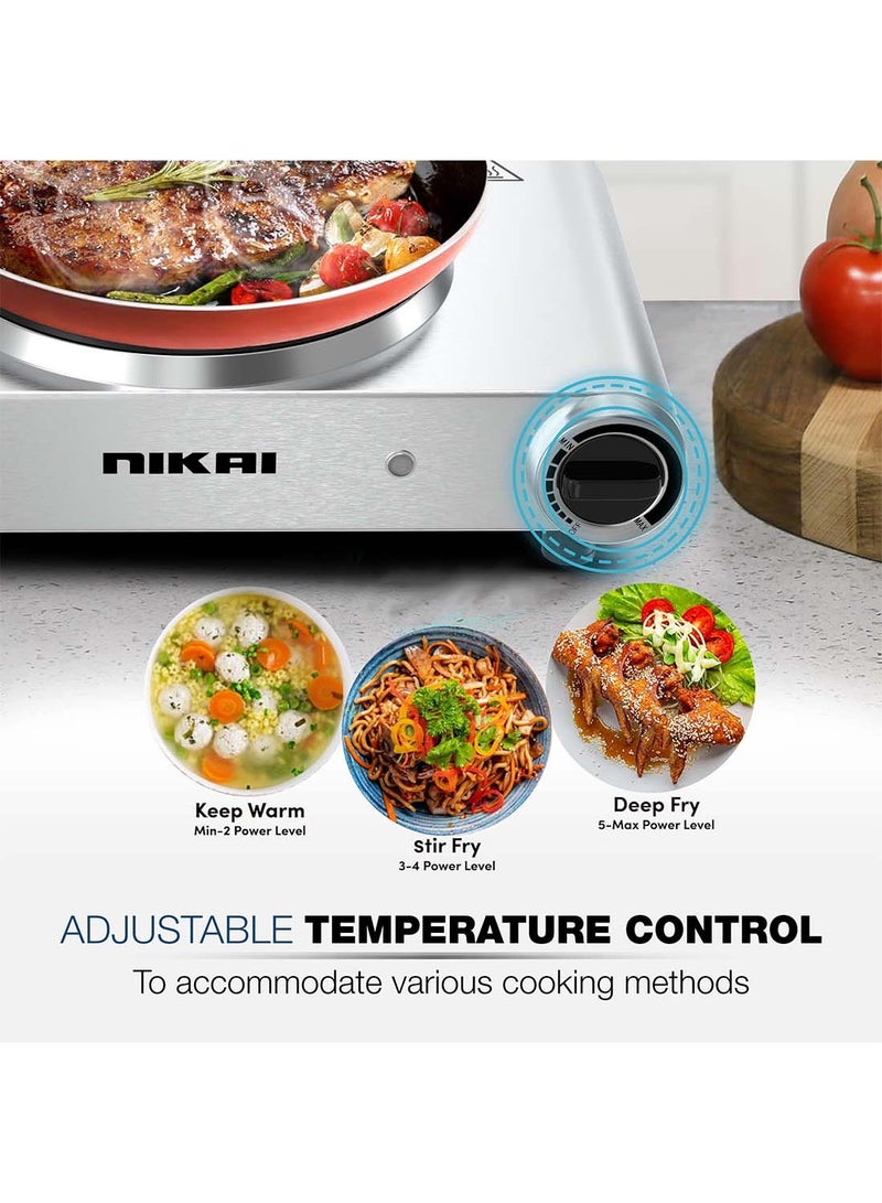 NIKAI Single Hot Plate - 1 Power, Adjustable Thermostat, Overheat Protection, Die Cast Iron Hotplates, Power Indicator Light, Stainless Steel Body, Easy Control Knob 1500 W NKTOE4N2 Silver/Black - Image 4