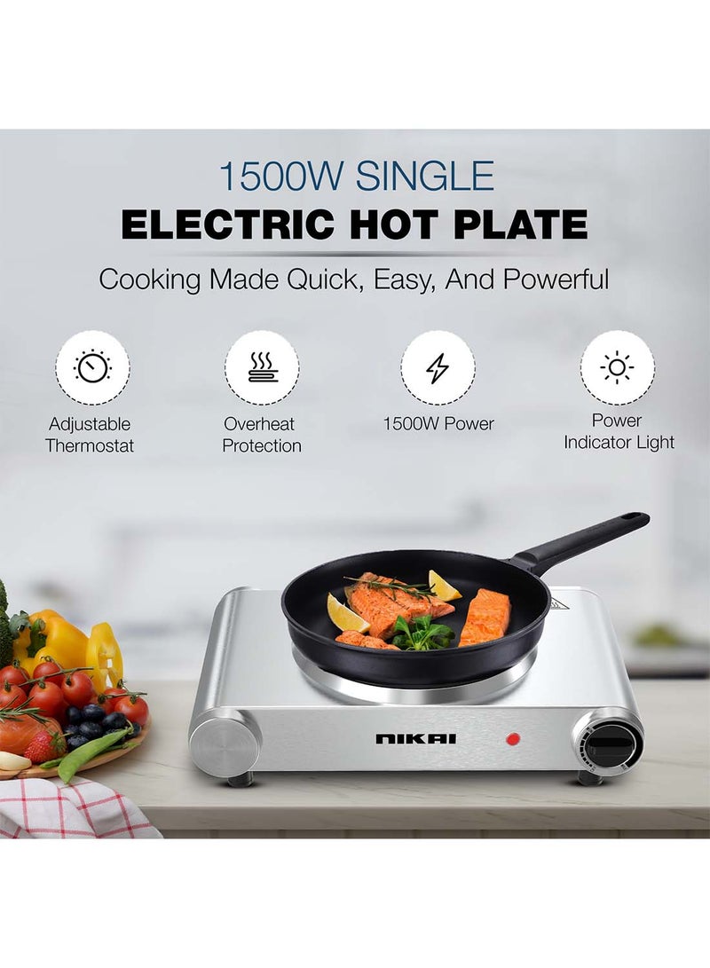 NIKAI Single Hot Plate - 1 Power, Adjustable Thermostat, Overheat Protection, Die Cast Iron Hotplates, Power Indicator Light, Stainless Steel Body, Easy Control Knob 1500 W NKTOE4N2 Silver/Black - Image 2