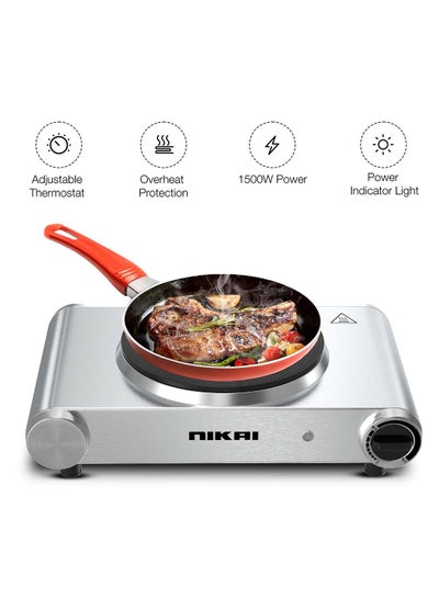 NIKAI Single Hot Plate - 1 Power, Adjustable Thermostat, Overheat Protection, Die Cast Iron Hotplates, Power Indicator Light, Stainless Steel Body, Easy Control Knob 1500 W NKTOE4N2 Silver/Black