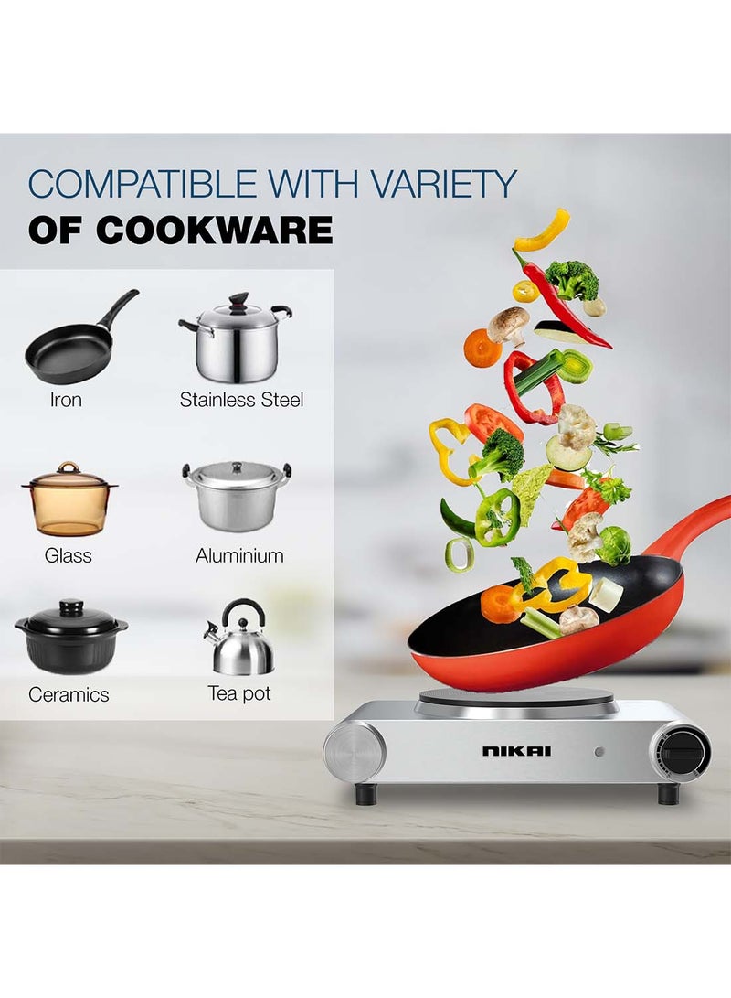 NIKAI Single Hot Plate - 1 Power, Adjustable Thermostat, Overheat Protection, Die Cast Iron Hotplates, Power Indicator Light, Stainless Steel Body, Easy Control Knob 1500 W NKTOE4N2 Silver/Black - Image 3