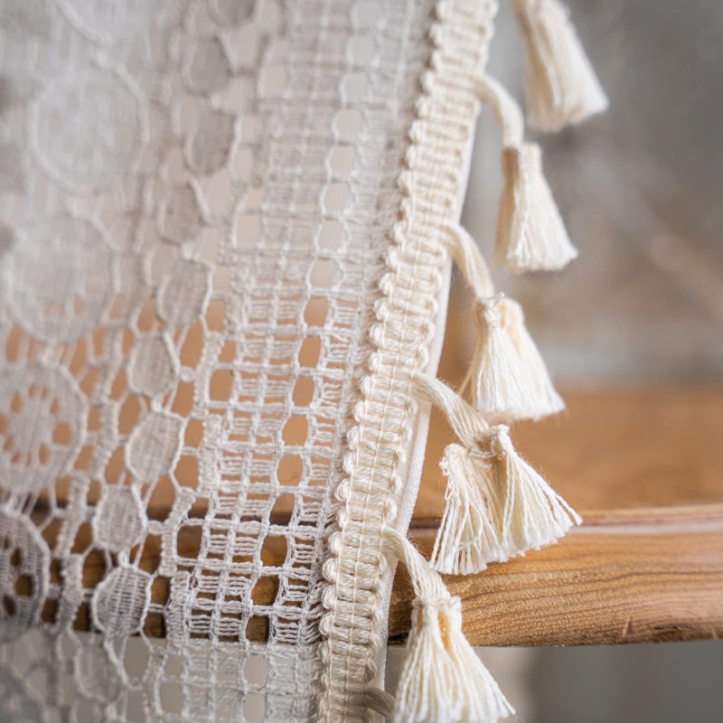 Deeprove 18 Inch Curtain Valance for Kitchen Cafe, Short Boho Sheer Lace Crochet Curtain Knitting with Handmade Macrame Tassels for Dinning Room, Vintage Chic Home Decor W59 x L18, 1 Panel, Cream - Image 2