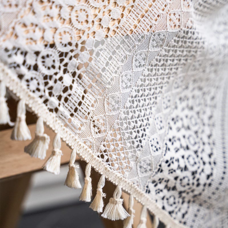 Deeprove 18 Inch Curtain Valance for Kitchen Cafe, Short Boho Sheer Lace Crochet Curtain Knitting with Handmade Macrame Tassels for Dinning Room, Vintage Chic Home Decor W59 x L18, 1 Panel, Cream - Image 3