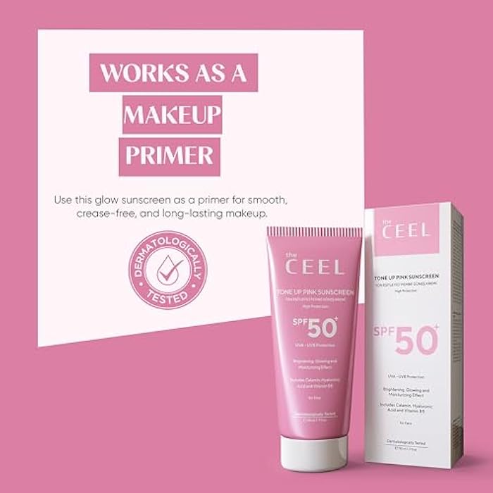 The Ceel Pink Tone Up Sunscreen for Face with SPF 50+ & Hyaluronic Acid - Brightening, Glowing & Moisturizing Facial Primer with Calamine & Vitamin B5 for All Skin Type - Paraben & Perfume Free - 50ml - Image 4
