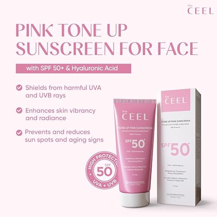 The Ceel Pink Tone Up Sunscreen for Face with SPF 50+ & Hyaluronic Acid - Brightening, Glowing & Moisturizing Facial Primer with Calamine & Vitamin B5 for All Skin Type - Paraben & Perfume Free - 50ml - Image 2