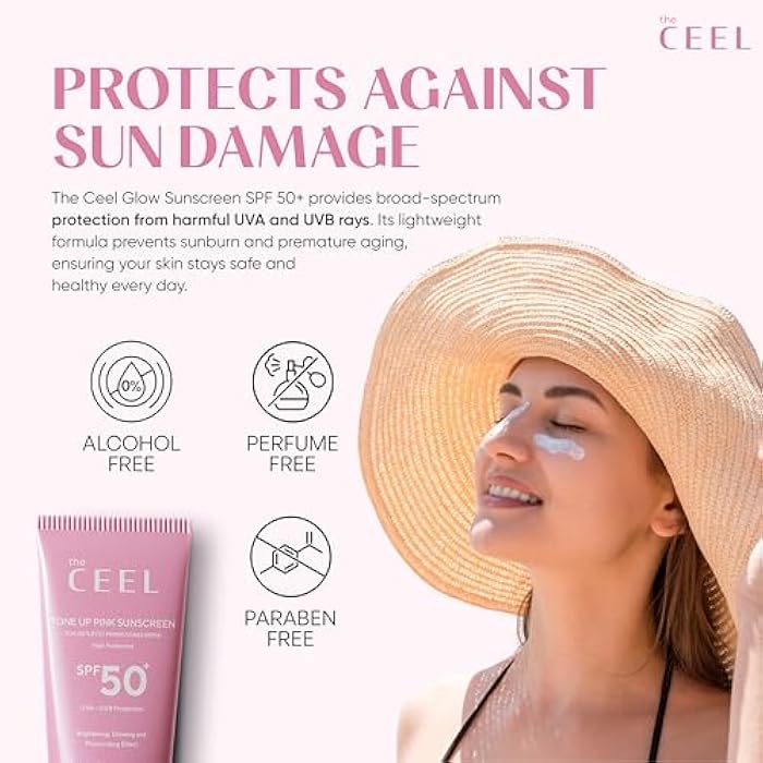 The Ceel Pink Tone Up Sunscreen for Face with SPF 50+ & Hyaluronic Acid - Brightening, Glowing & Moisturizing Facial Primer with Calamine & Vitamin B5 for All Skin Type - Paraben & Perfume Free - 50ml - Image 3