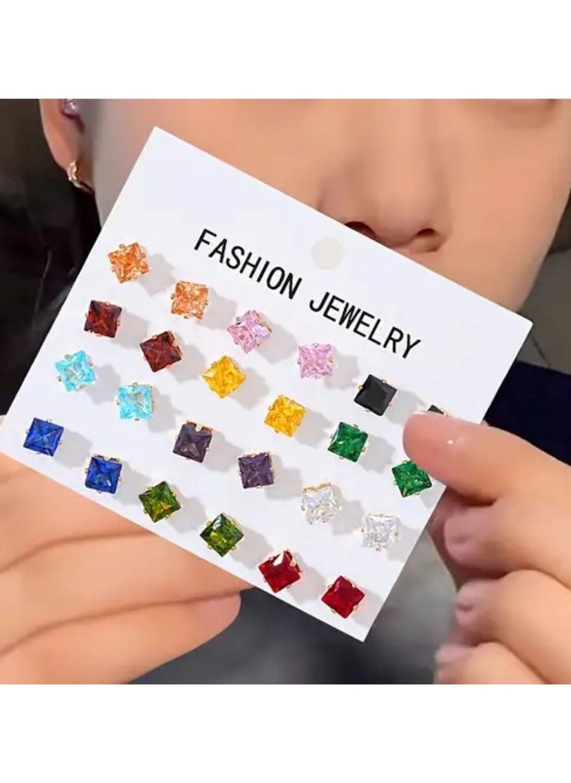 Huitich 12 pairs Fashion Jewelry Square Zircon Stud Earrings Set  - Image 2