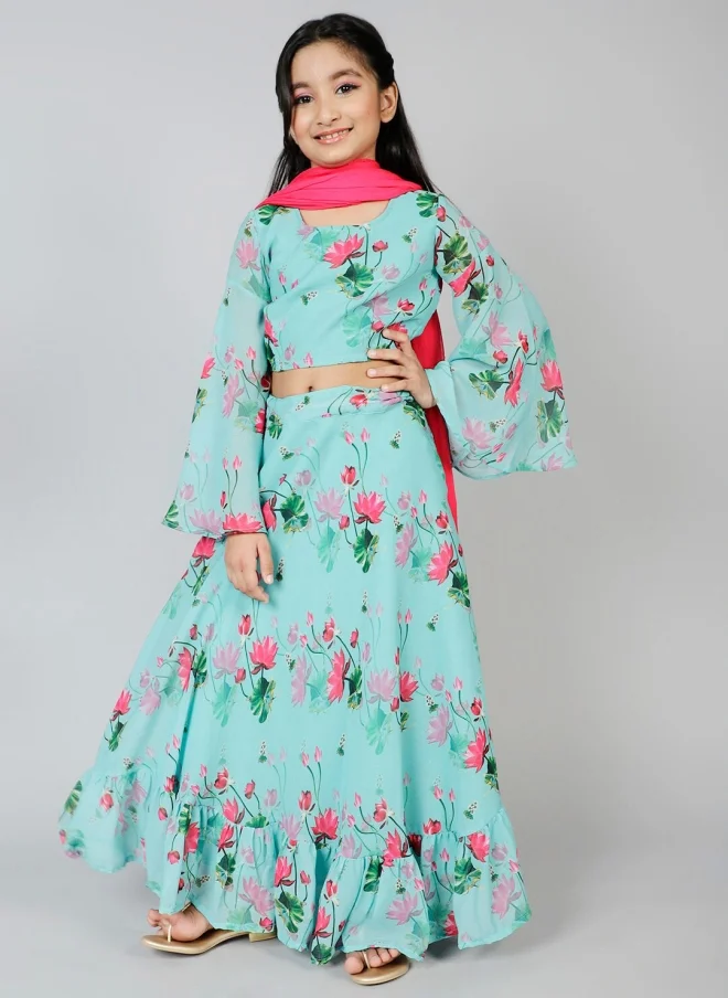 أيه كيه إس Blue Floral Lehenga Choli Set For Girls