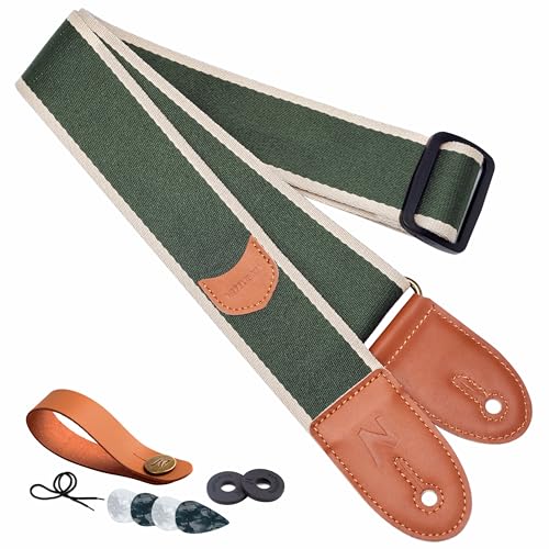 Nefelibata Guitar Strap Cotton, Full Grain Leather Ends Guitar Straps with Pick Pocket for Bass, Electric & Acoustic Guitar, Come with Free Strap Button, 1 Pair Strap Locks and 4 Guitar Picks - Image 1