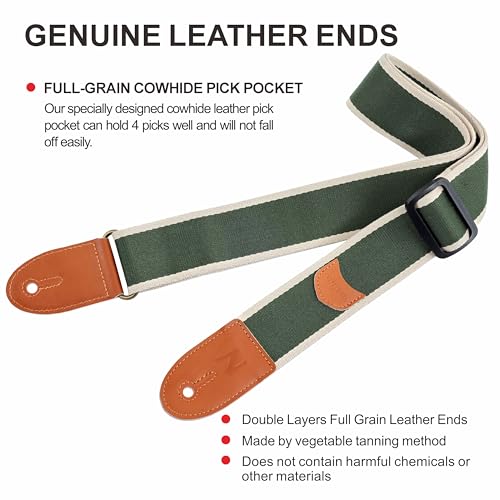 Nefelibata Guitar Strap Cotton, Full Grain Leather Ends Guitar Straps with Pick Pocket for Bass, Electric & Acoustic Guitar, Come with Free Strap Button, 1 Pair Strap Locks and 4 Guitar Picks - Image 3