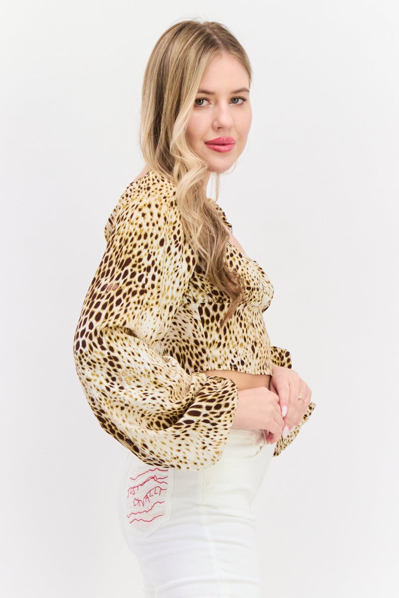 Motel Women Square Neck Long Sleeves Animal Print Crop Top, Multicolor - Image 2