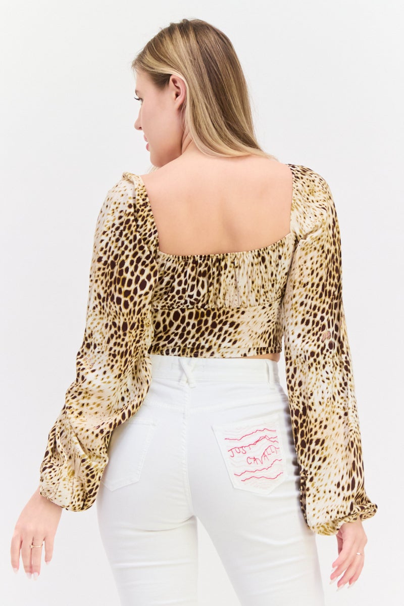 Motel Women Square Neck Long Sleeves Animal Print Crop Top, Multicolor - Image 4
