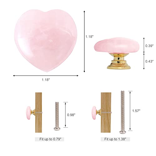 Malimali Rose Quartz Heart Cabinet Knobs, Pink Crystal Dresser Drawer Pulls for Girls, Cute Gold Knobs for Bifold Closet Door Cupboard Kitchen Bathroom - Image 3