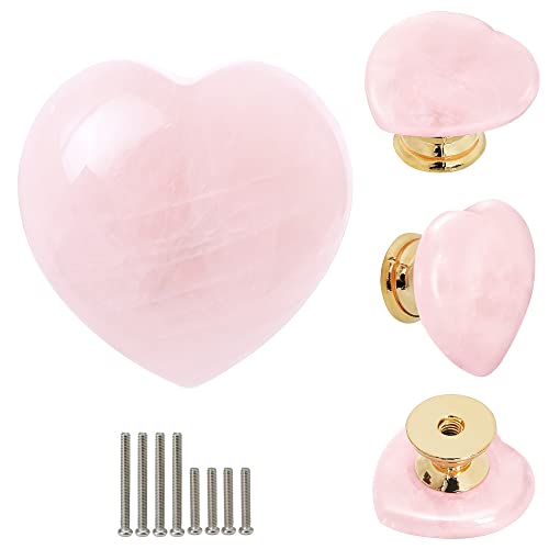 Malimali Rose Quartz Heart Cabinet Knobs, Pink Crystal Dresser Drawer Pulls for Girls, Cute Gold Knobs for Bifold Closet Door Cupboard Kitchen Bathroom - Image 1