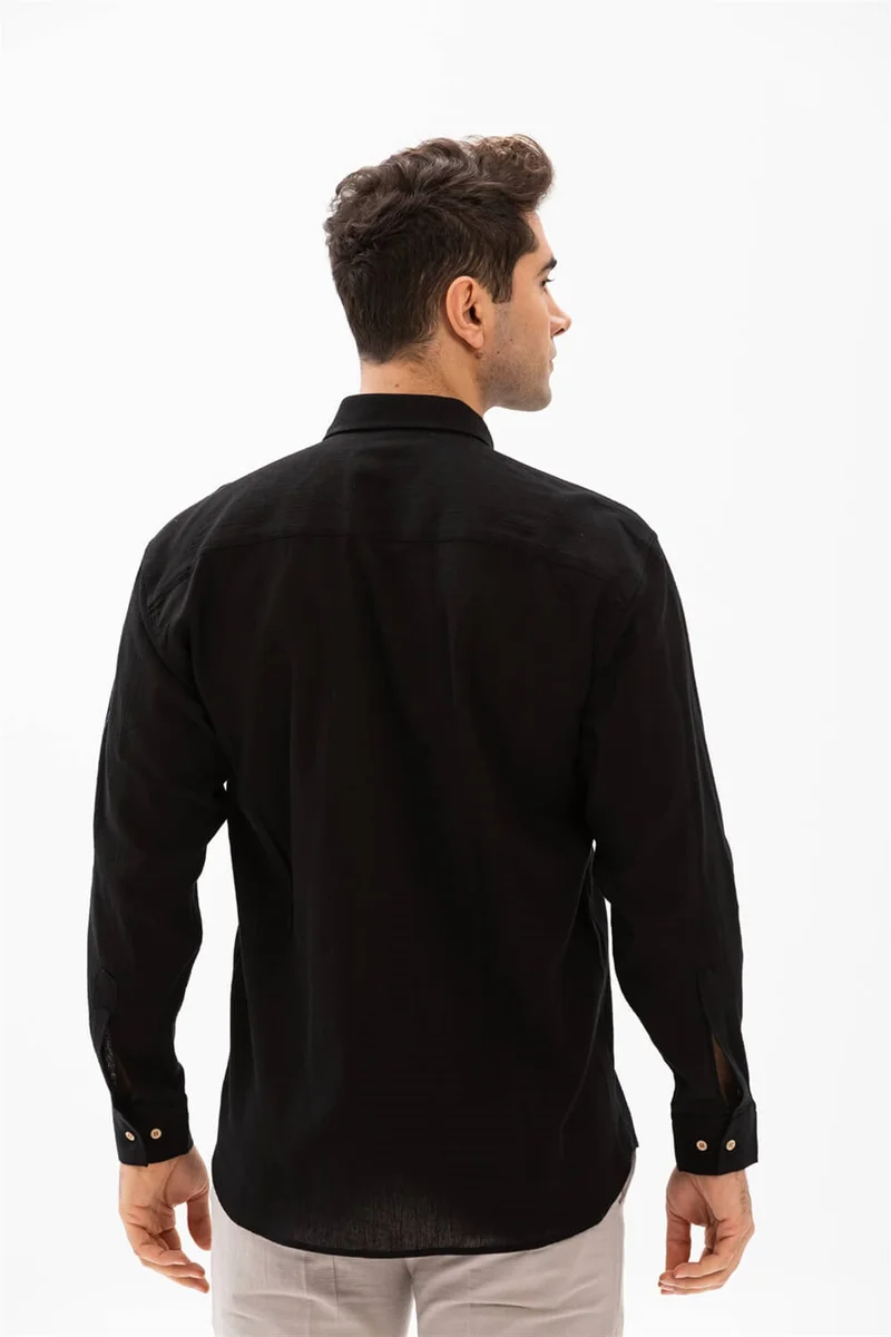 Eliş Şile Bezi Long Sleeve Şile Cloth Single Pocket Men's Shirt Black 3003