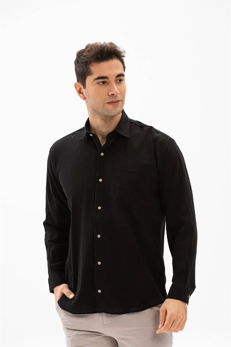 Eliş Şile Bezi Long Sleeve Şile Cloth Single Pocket Men's Shirt Black 3003