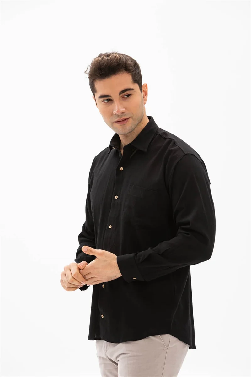 Eliş Şile Bezi Long Sleeve Şile Cloth Single Pocket Men's Shirt Black 3003