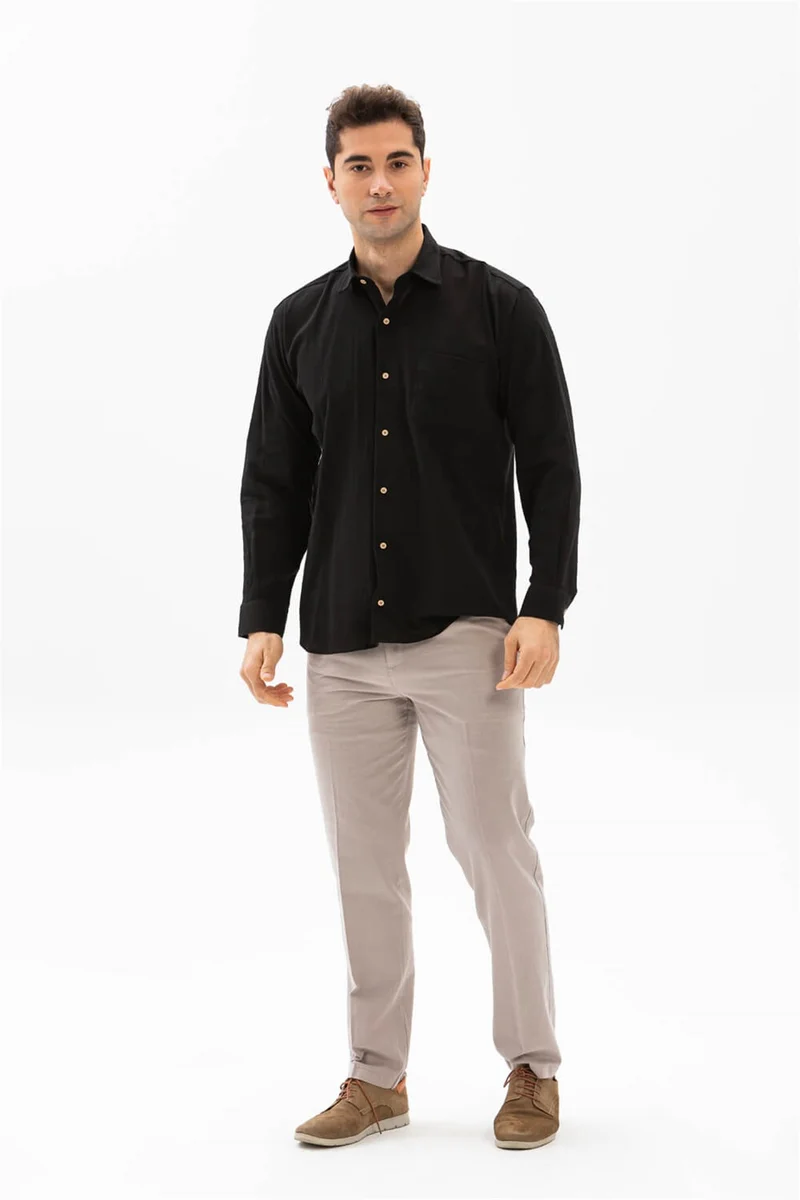 Eliş Şile Bezi Long Sleeve Şile Cloth Single Pocket Men's Shirt Black 3003