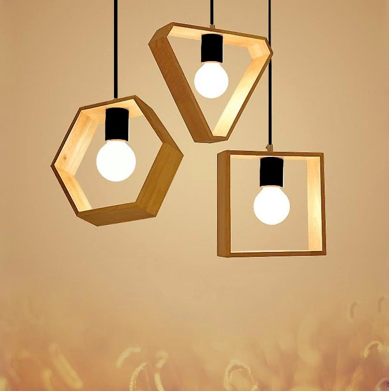 Groeien LED Modern Pendant Light, Creative Geometric, Nordic Wood Frame Pendant Lamp, Lighting Fixtures for Restaurant Dining Room and Cafe Decoration (3 Set Geomatric Round) - Image 1