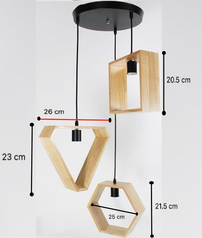 Groeien LED Modern Pendant Light, Creative Geometric, Nordic Wood Frame Pendant Lamp, Lighting Fixtures for Restaurant Dining Room and Cafe Decoration (3 Set Geomatric Round) - Image 3