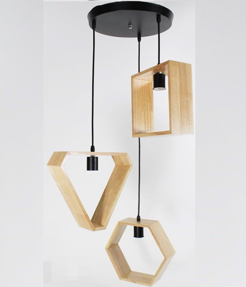 Groeien LED Modern Pendant Light, Creative Geometric, Nordic Wood Frame Pendant Lamp, Lighting Fixtures for Restaurant Dining Room and Cafe Decoration (3 Set Geomatric Round) - Image 2