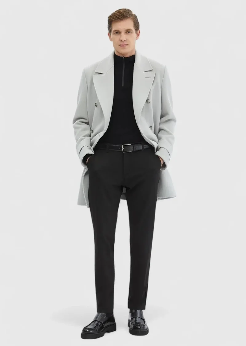 RAMSEY Grey Regular Fit Double Breasted Collar Casual Weaving Overcoat