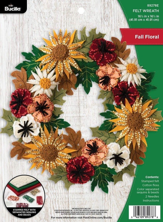 Bucilla 89278E Felt Applique Wreath Kit, 16.5" x 16.5", Floral Fall - Image 1