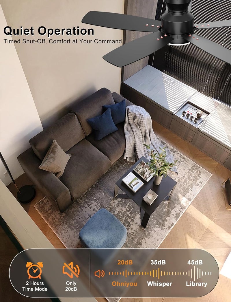 Ohniyou Ceiling Fans with Lights, 42'' Low Profile Ceiling Fan with Light and Remote/APP Control, Modern Flush Mount Ceiling Fan for Indoor Bedroom Kitchen, Dimmable, Qiuet DC Motor, Black - Image 5