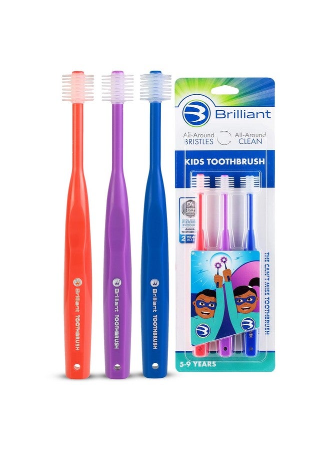 Brilliant Oral Care Kids Toothbrush with Soft Bristles and Round Head, for a Child Approved, Easy to Use All-Around Clean Mouth, Ages 5-9 Years, Red Purple Royal, 3 Pack - Image 1