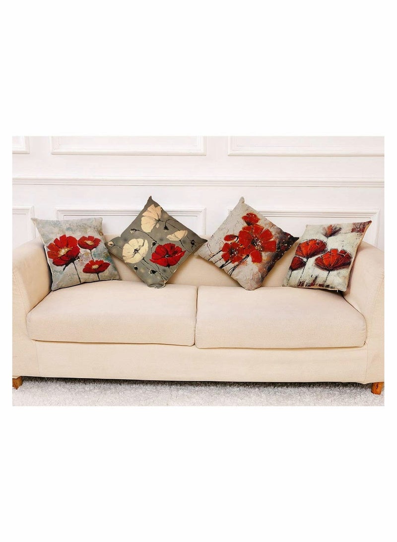 Red Flower Boho Throw Pillow Covers - Set of 4, 18x18 Inches Linen Square Cushion Cases for Living Room, Sofa, Couch, and Bedroom Decor - Decorative Pillowcases for Home Décor - Image 2