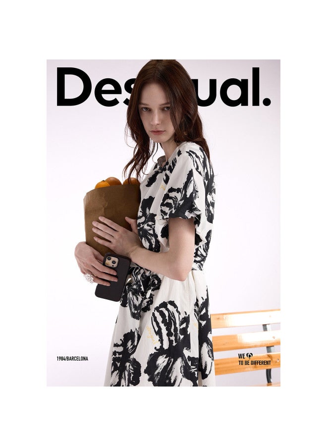 DESIGUAL فستان قصير الأكمام مزخرف يدويًا بطبعة زهور بيضاء ss25 - Image 4