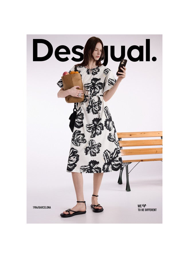 DESIGUAL فستان قصير الأكمام مزخرف يدويًا بطبعة زهور بيضاء ss25 - Image 5