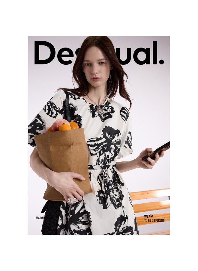 DESIGUAL فستان قصير الأكمام مزخرف يدويًا بطبعة زهور بيضاء ss25 - Image 3