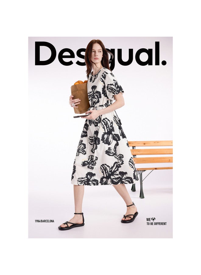DESIGUAL فستان قصير الأكمام مزخرف يدويًا بطبعة زهور بيضاء ss25 - Image 2