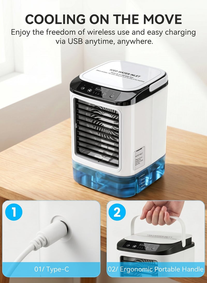 Portable Air Cooler, Mini Evaporative Air Cooler, 3-Speed Adjustable, 2 Spray Modes, 900ml Water Tank with Ice Box, Suitable for Living Room, Bedroom, Office, Study, White - Image 2