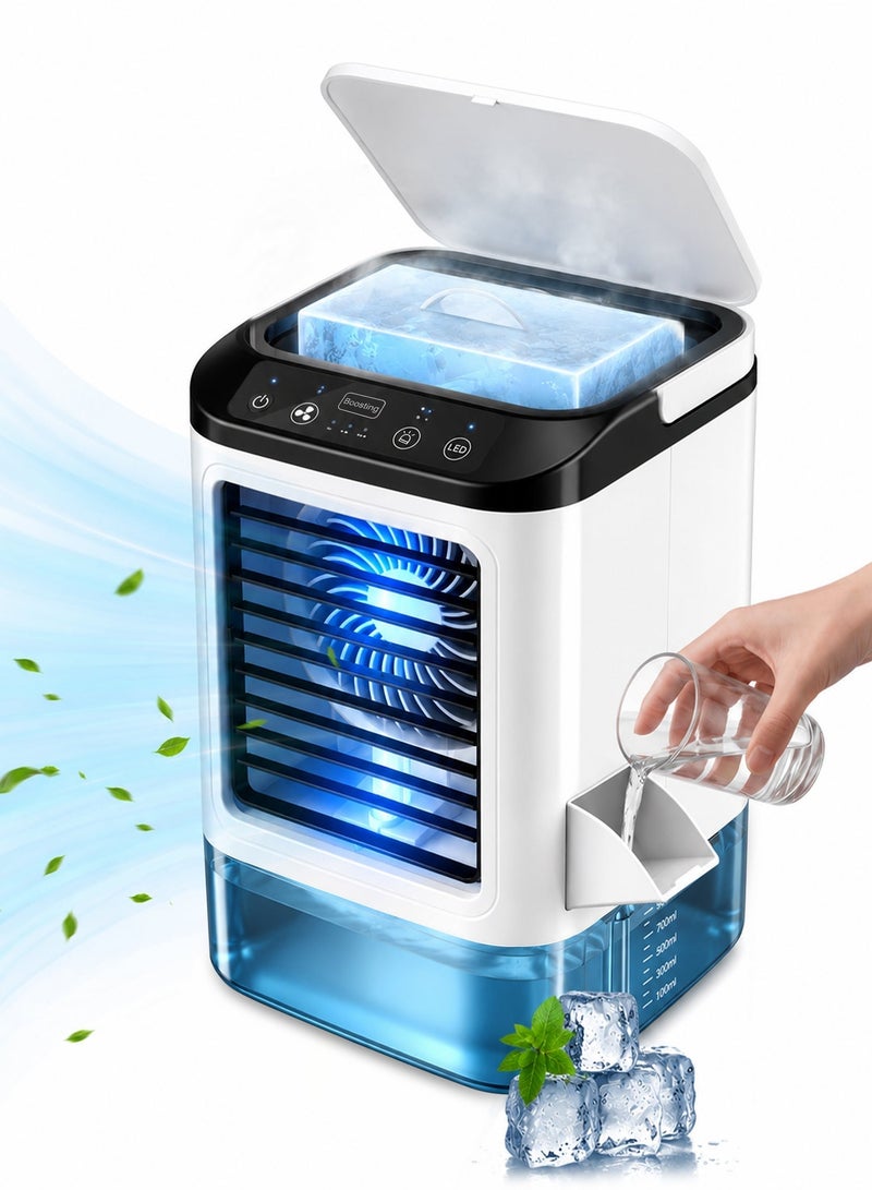 Portable Air Cooler, Mini Evaporative Air Cooler, 3-Speed Adjustable, 2 Spray Modes, 900ml Water Tank with Ice Box, Suitable for Living Room, Bedroom, Office, Study, White - Image 1