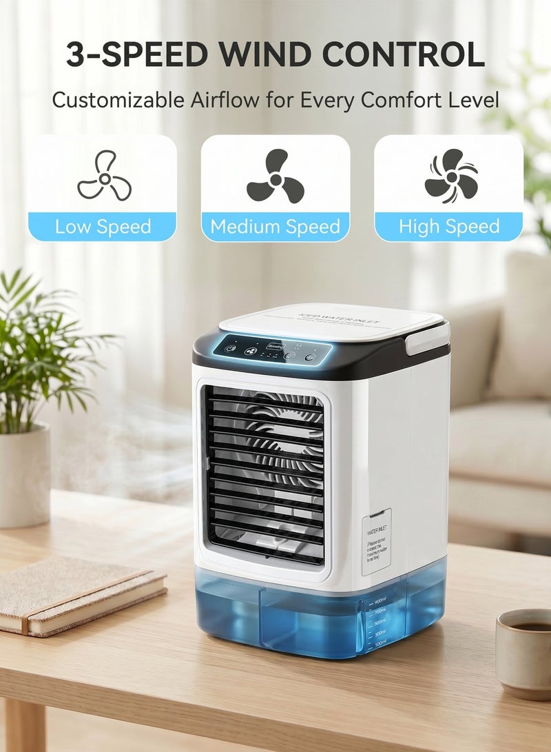 Portable Air Cooler, Mini Evaporative Air Cooler, 3-Speed Adjustable, 2 Spray Modes, 900ml Water Tank with Ice Box, Suitable for Living Room, Bedroom, Office, Study, White - Image 5