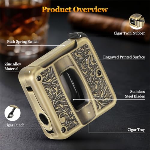 SEMKONT Cigar Cutter,Portable Multifunction V Cut Cigar Cutter, 4 in 1 Stainless Steel Guillotine with Cigar Punch,Cigar Holder and Twin Nubber,Suitable for Max 60 Ring Gauge Cigars (Yellow) - Image 2