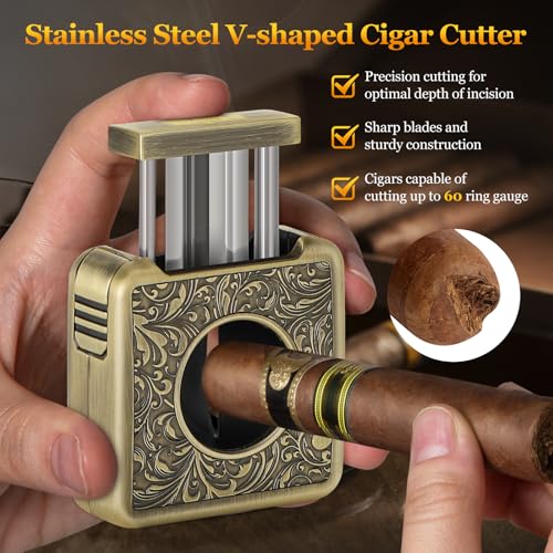 SEMKONT Cigar Cutter,Portable Multifunction V Cut Cigar Cutter, 4 in 1 Stainless Steel Guillotine with Cigar Punch,Cigar Holder and Twin Nubber,Suitable for Max 60 Ring Gauge Cigars (Yellow) - Image 3