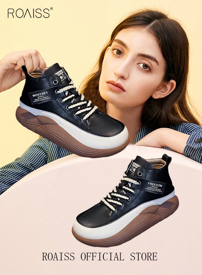 roaiss Ladies High Top Shoes Women New Platform Thick Sole Comfortable Walking Sneakers Lace Up Casual Sports Athlesiure Shoes  - Image 2