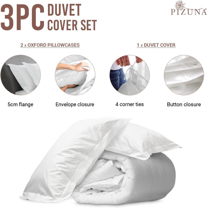 PIZUNA Assorted trendy color picks 100% Cotton Duvet Cover Set King Size 260x220 cm White, 400 Thread Count Long Staple Cotton Sateen Weave Duvet Cover Set with 2 Pillowcases (White Bedding Duvet Cover Sets) Surface safe - Image 3