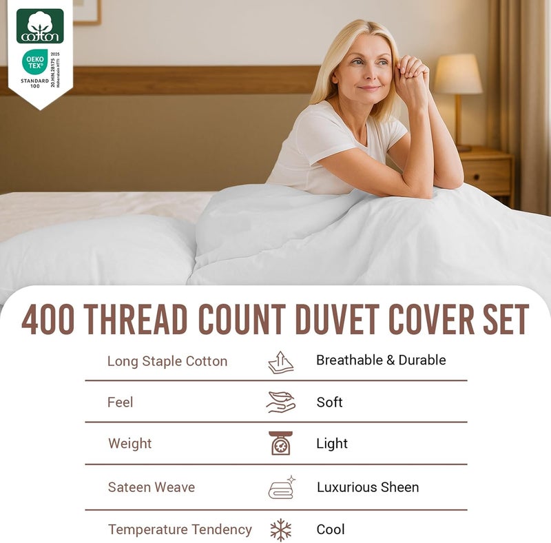 PIZUNA Assorted trendy color picks 100% Cotton Duvet Cover Set King Size 260x220 cm White, 400 Thread Count Long Staple Cotton Sateen Weave Duvet Cover Set with 2 Pillowcases (White Bedding Duvet Cover Sets) Surface safe - Image 2
