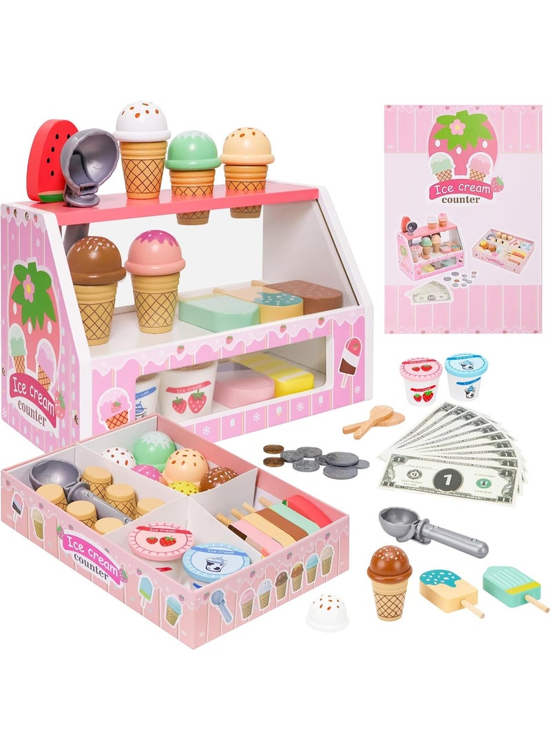 LBMT Play Kitchen Sets with Wooden Ice Cream Counter Playset for Toddler Girl Toys, Play Store Pretend Toy Food Play Kitchen Accessories with Scoop & Menu & Fake Money & Coin, Birthday Gifts for 3+ Year Old Kids (Pink) - Image 1
