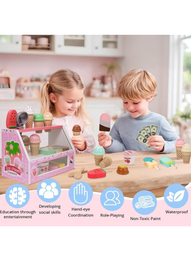 LBMT Play Kitchen Sets with Wooden Ice Cream Counter Playset for Toddler Girl Toys, Play Store Pretend Toy Food Play Kitchen Accessories with Scoop & Menu & Fake Money & Coin, Birthday Gifts for 3+ Year Old Kids (Pink) - Image 5