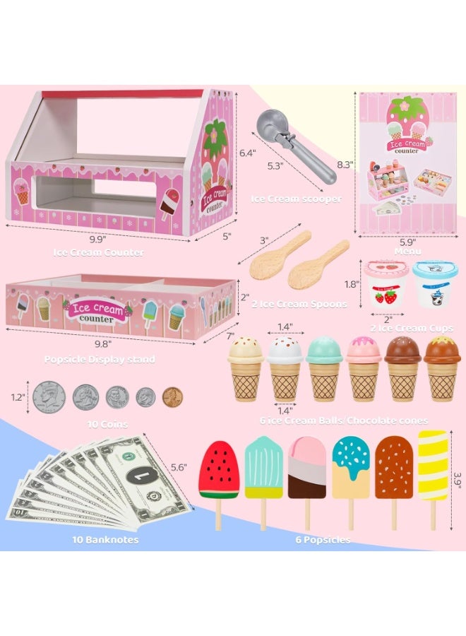 LBMT Play Kitchen Sets with Wooden Ice Cream Counter Playset for Toddler Girl Toys, Play Store Pretend Toy Food Play Kitchen Accessories with Scoop & Menu & Fake Money & Coin, Birthday Gifts for 3+ Year Old Kids (Pink) - Image 2