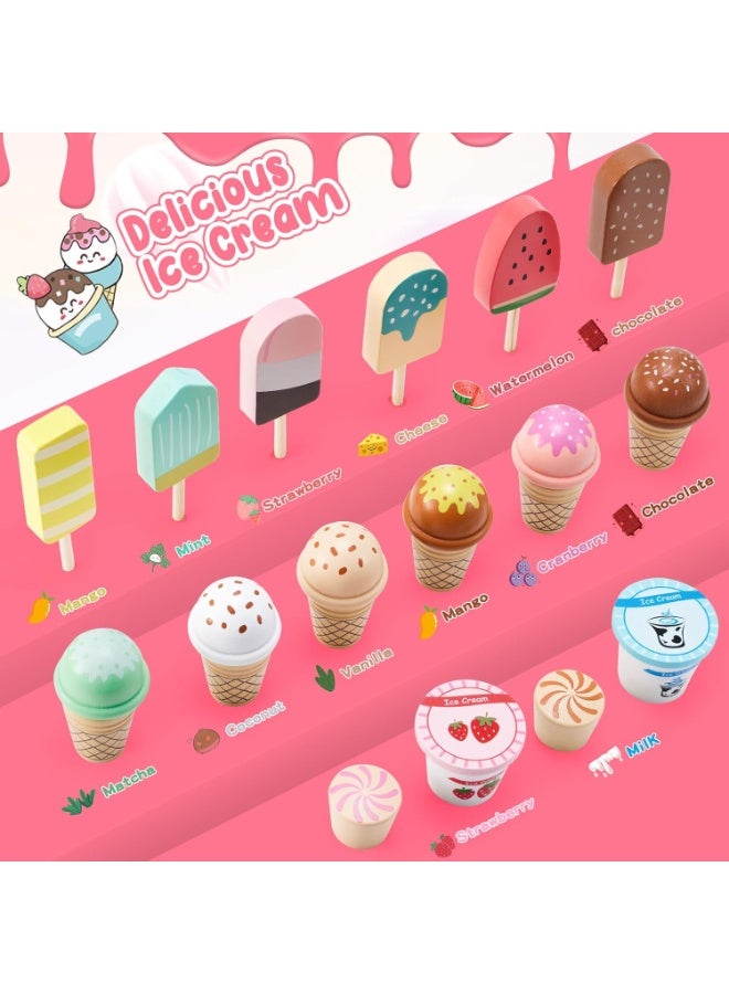 LBMT Play Kitchen Sets with Wooden Ice Cream Counter Playset for Toddler Girl Toys, Play Store Pretend Toy Food Play Kitchen Accessories with Scoop & Menu & Fake Money & Coin, Birthday Gifts for 3+ Year Old Kids (Pink) - Image 4