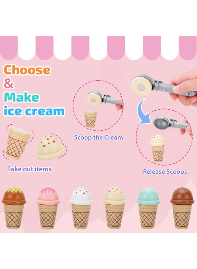 LBMT Play Kitchen Sets with Wooden Ice Cream Counter Playset for Toddler Girl Toys, Play Store Pretend Toy Food Play Kitchen Accessories with Scoop & Menu & Fake Money & Coin, Birthday Gifts for 3+ Year Old Kids (Pink) - Image 3