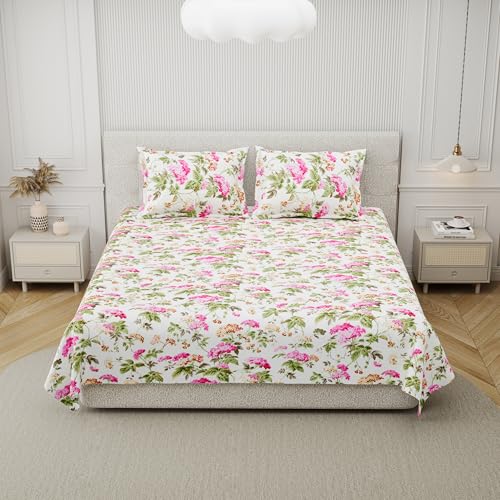 DE CAMA Since 1997 | 100% Cotton 300 TC Premium King Size Bedsheet for Double Bed (90 x 108 Inch) with 2 Pillow Covers Set (17 x 27 Inch) Hand Block Printed Bedsheet Set - Aura of Pink Flowers - Image 2