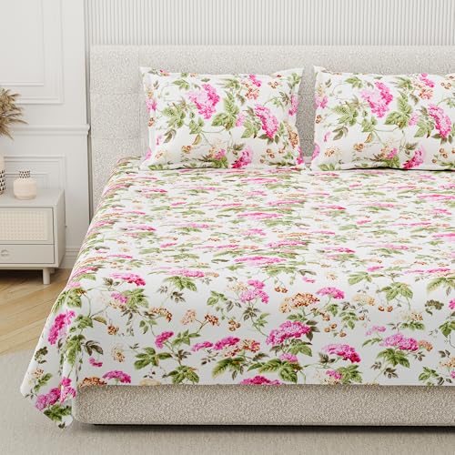 DE CAMA Since 1997 | 100% Cotton 300 TC Premium King Size Bedsheet for Double Bed (90 x 108 Inch) with 2 Pillow Covers Set (17 x 27 Inch) Hand Block Printed Bedsheet Set - Aura of Pink Flowers - Image 1